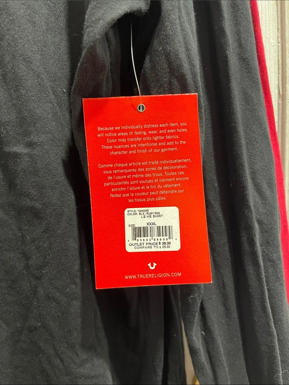 Men’s True Religion - Black Long-Sleeve Crew with Red Detail XXXL